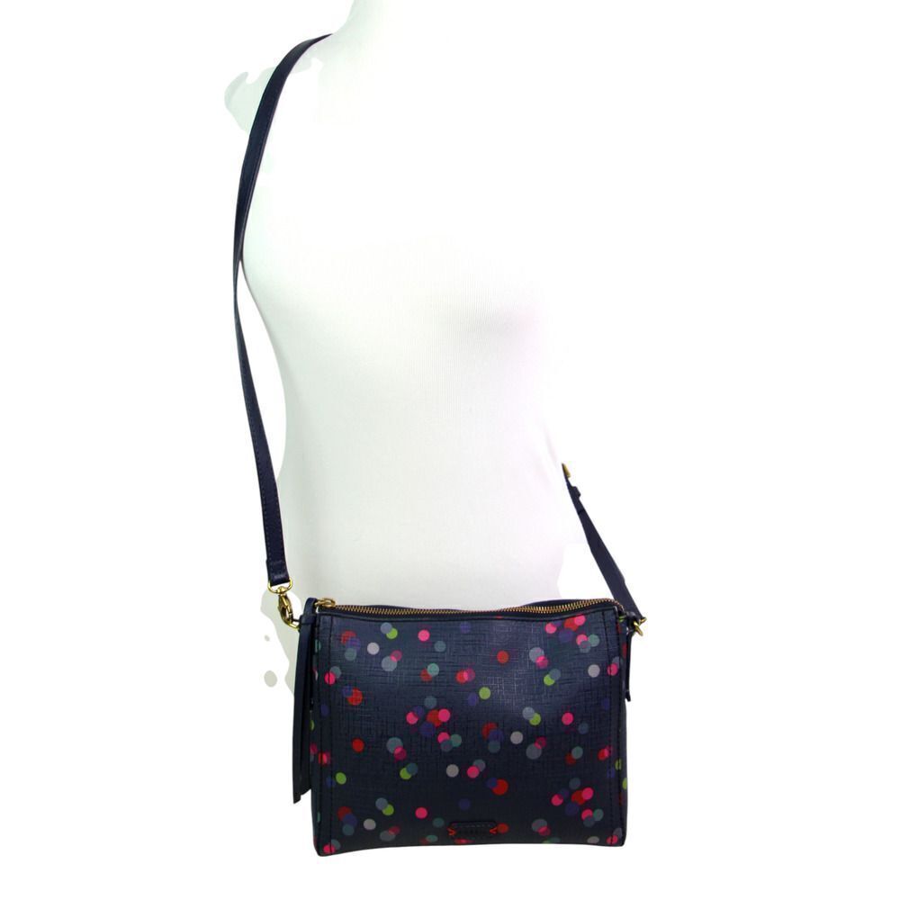 FOSSIL BLUE REAL COATED LEATHER POLKA DOT X-BODY SHOULDER BAG HANDBAG CLUTCH